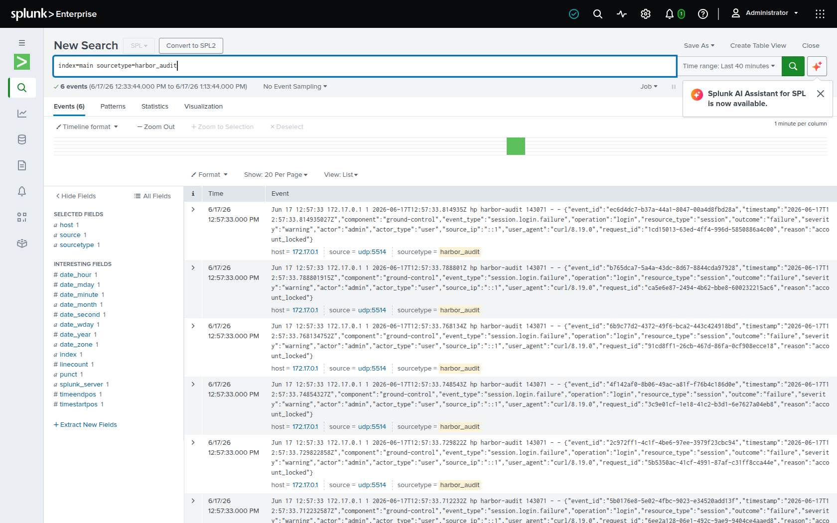 Splunk search over syslog-ingested Harbor audit events: the RFC 5424 line is stored as one raw string and no JSON fields appear in the extracted-fields sidebar